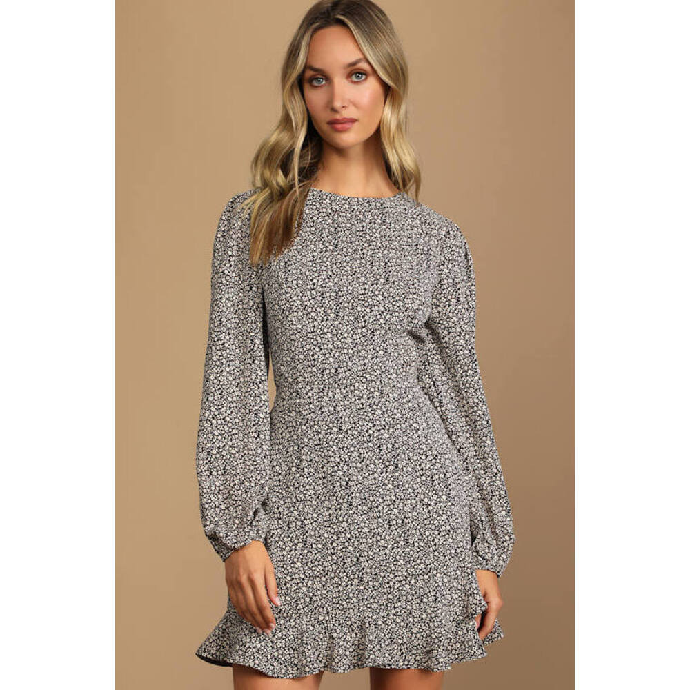 Lulus How Your Garden Grows Black Floral Print Long Sleeve Mini Dress - Size S